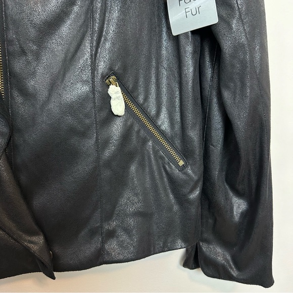 NWT IMAN Moto Jacket Faux Suede Fur Collar Zip Black Vegan Coat Large - Picture 5 of 13